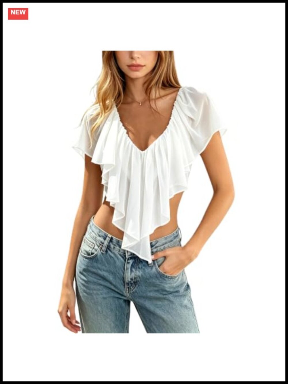 Sheer Mesh Ruffle Crop Top Deep V Neck Frill Trim Blouse